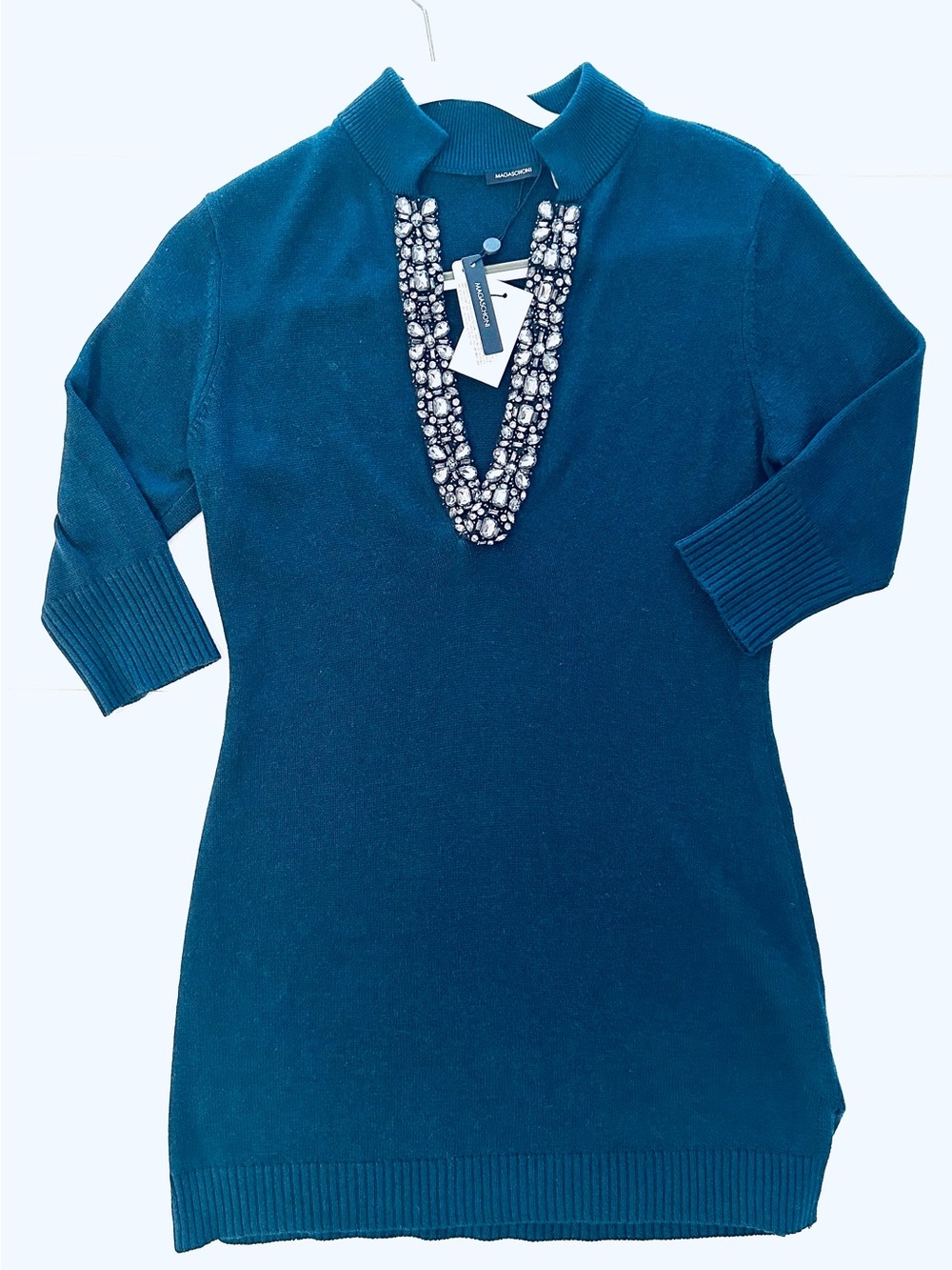 NWT Magaschoni silk - cashmere Teal Jewel-Embellished tunic Sweater, small